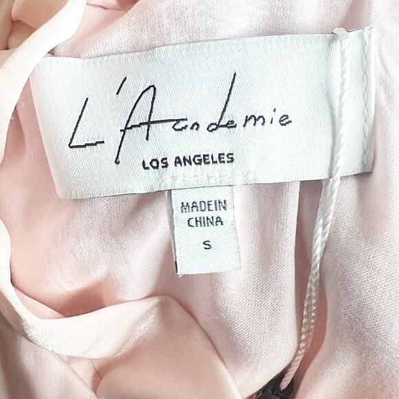 L'ACADEMIE Cold-Shoulder Ruffle Satin Blouse Button Front Pink Womens Size S NWT - Picture 6 of 8